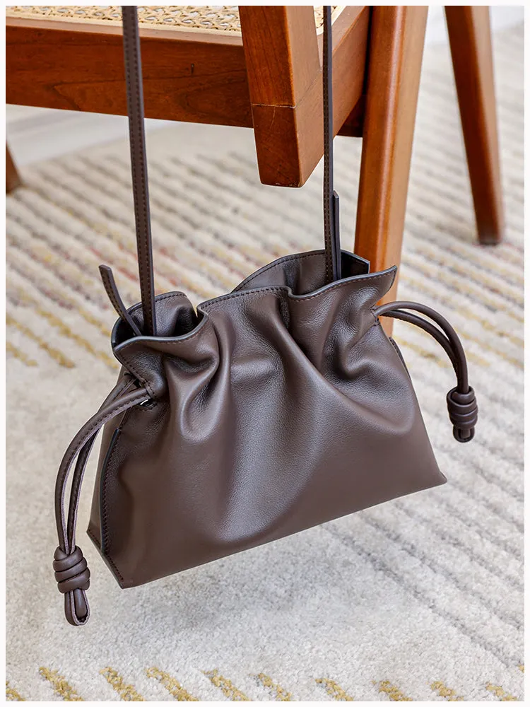 Elegant Small Cowhide Leather Shoulder Bag Crossbody Bag for Women with Drawstring Closure