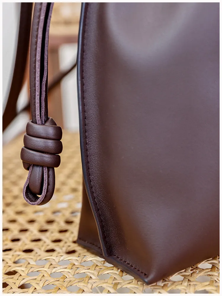 Elegant Small Cowhide Leather Shoulder Bag Crossbody Bag for Women with Drawstring Closure