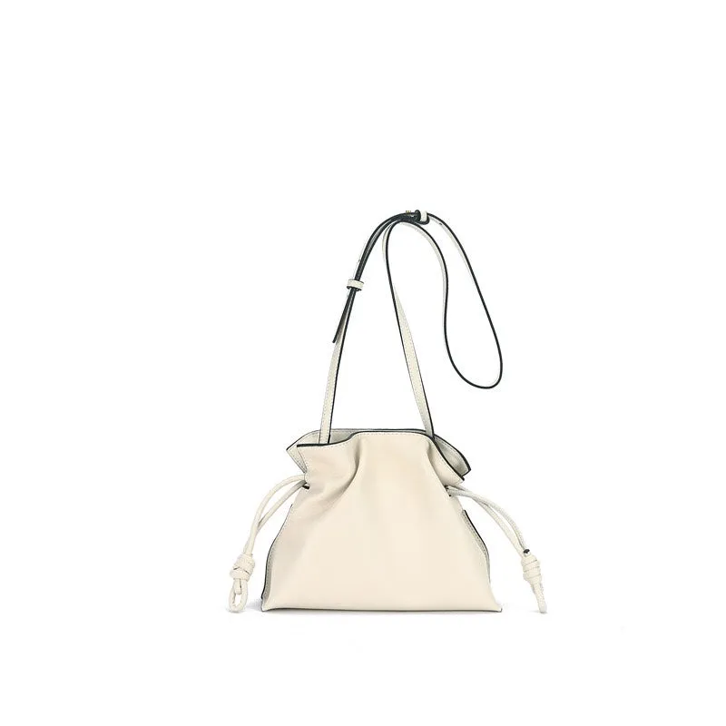 Elegant Small Cowhide Leather Shoulder Bag Crossbody Bag for Women with Drawstring Closure