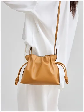 Elegant Small Cowhide Leather Shoulder Bag Crossbody Bag for Women with Drawstring Closure