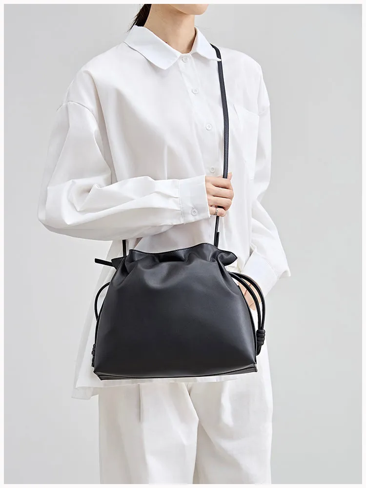 Elegant Small Cowhide Leather Shoulder Bag Crossbody Bag for Women with Drawstring Closure