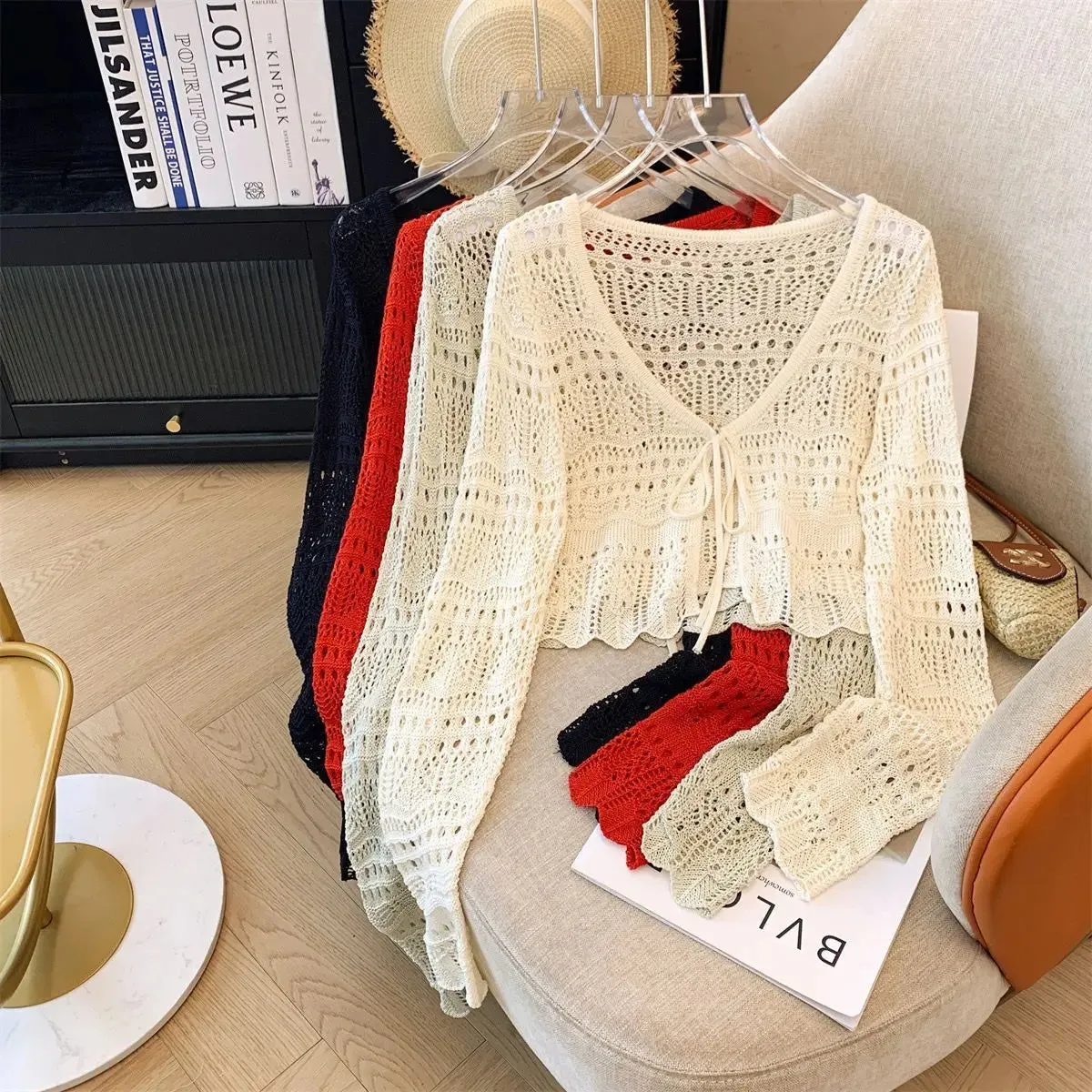 French Mori Girl Style Women's Hollow Out Crochet Sun Protection Commuter Knitted Cardigan Long-sleeved Sweet Short Top