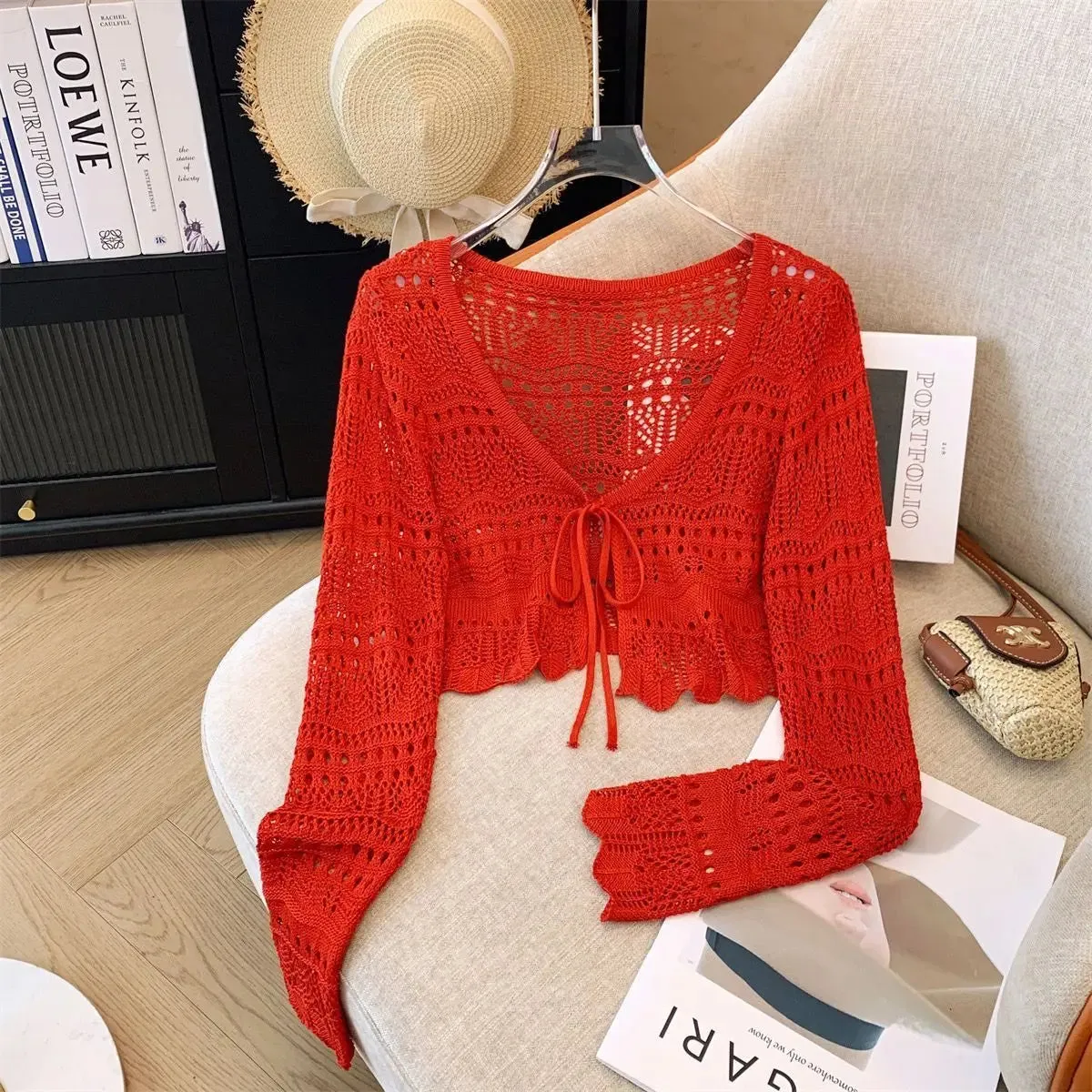 French Mori Girl Style Women's Hollow Out Crochet Sun Protection Commuter Knitted Cardigan Long-sleeved Sweet Short Top