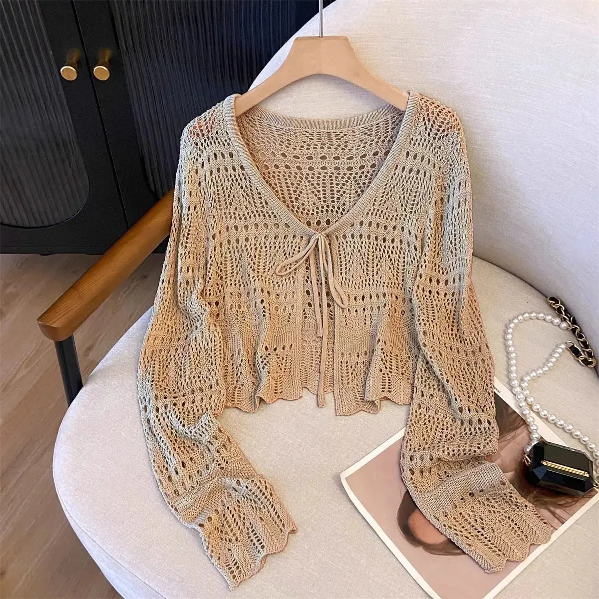 French Mori Girl Style Women's Hollow Out Crochet Sun Protection Commuter Knitted Cardigan Long-sleeved Sweet Short Top