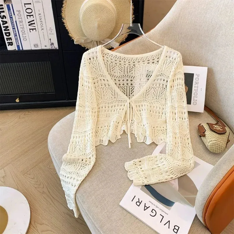 French Mori Girl Style Women's Hollow Out Crochet Sun Protection Commuter Knitted Cardigan Long-sleeved Sweet Short Top