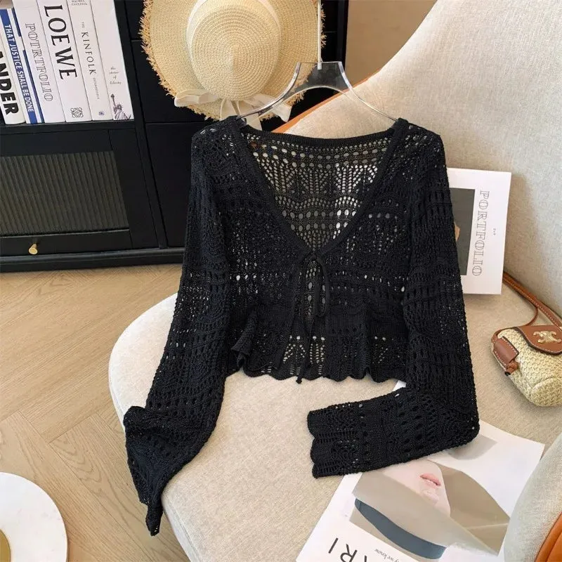 French Mori Girl Style Women's Hollow Out Crochet Sun Protection Commuter Knitted Cardigan Long-sleeved Sweet Short Top