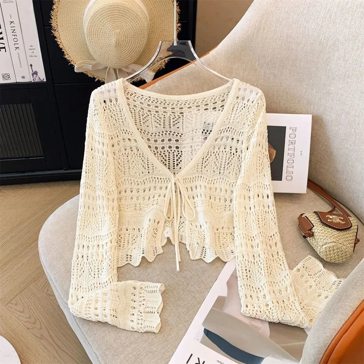 French Mori Girl Style Women's Hollow Out Crochet Sun Protection Commuter Knitted Cardigan Long-sleeved Sweet Short Top