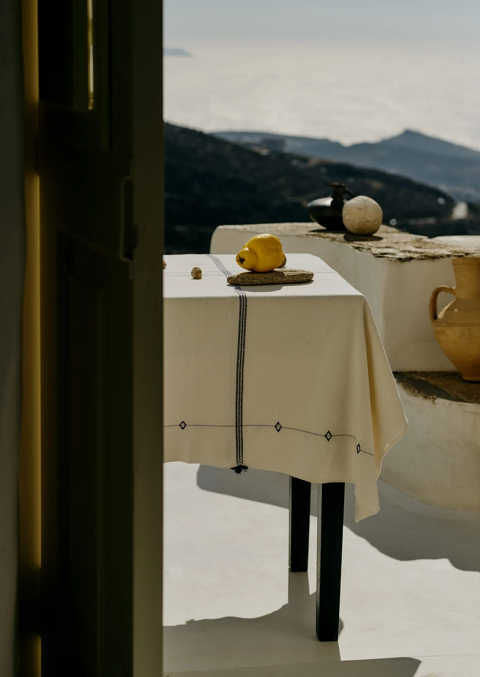 Hand Woven Cotton Tablecloth | Ecru/Provence Blue