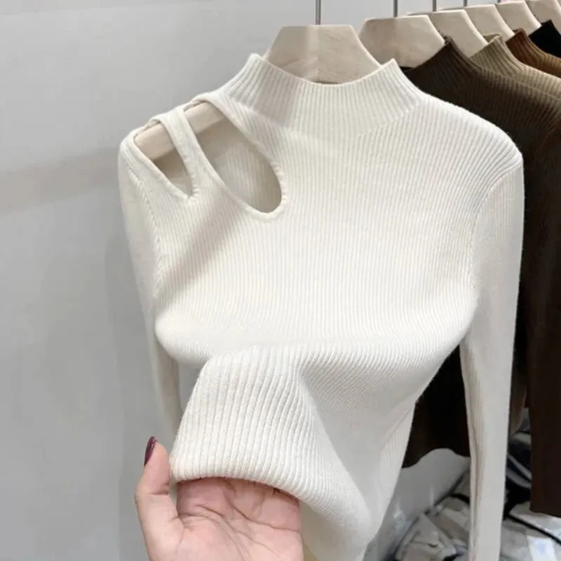 Knitted Women's Turtleneck Sweater – Autumn/Winter Casual Pullover, Sexy Hollow Out Design, Warm Long Sleeve Top