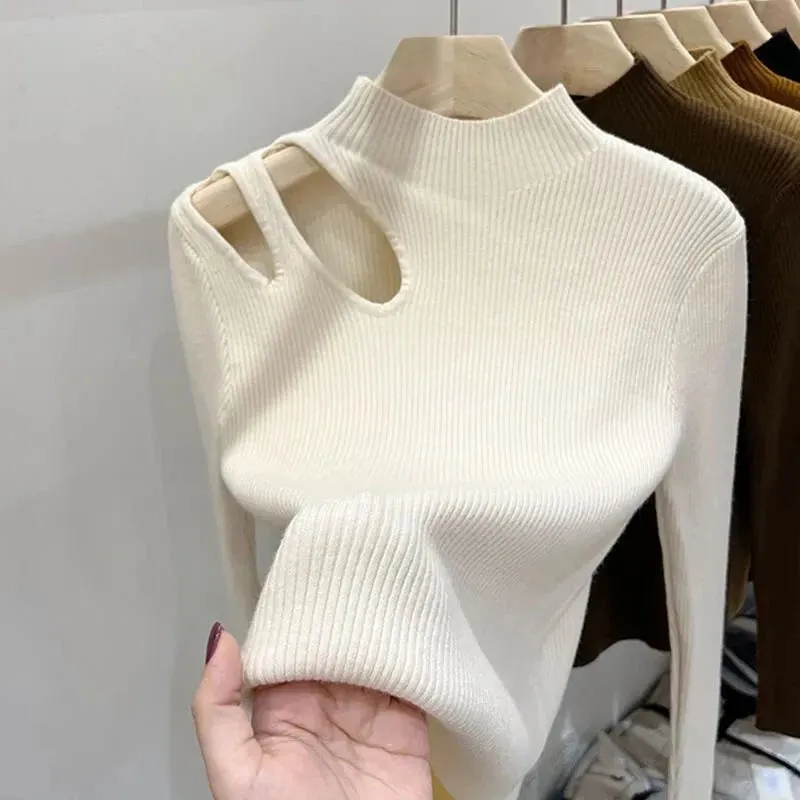 Knitted Women's Turtleneck Sweater – Autumn/Winter Casual Pullover, Sexy Hollow Out Design, Warm Long Sleeve Top