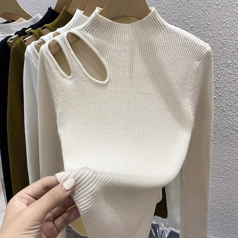 Knitted Women's Turtleneck Sweater – Autumn/Winter Casual Pullover, Sexy Hollow Out Design, Warm Long Sleeve Top