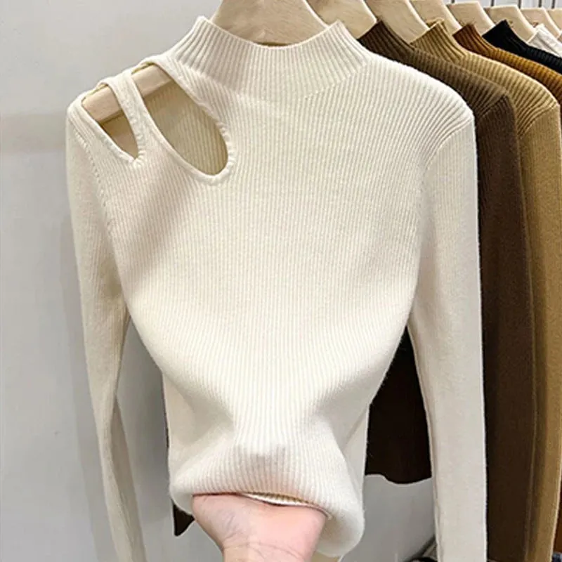 Knitted Women's Turtleneck Sweater – Autumn/Winter Casual Pullover, Sexy Hollow Out Design, Warm Long Sleeve Top