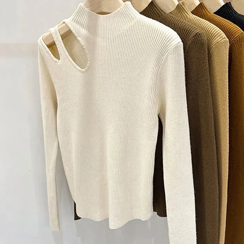 Knitted Women's Turtleneck Sweater – Autumn/Winter Casual Pullover, Sexy Hollow Out Design, Warm Long Sleeve Top