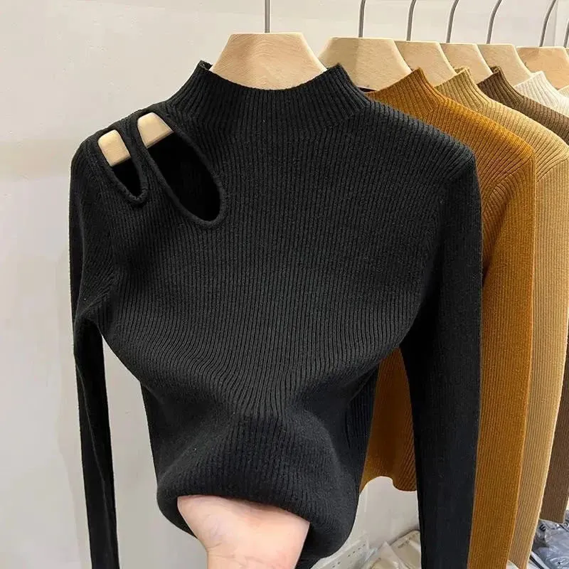 Knitted Women's Turtleneck Sweater – Autumn/Winter Casual Pullover, Sexy Hollow Out Design, Warm Long Sleeve Top