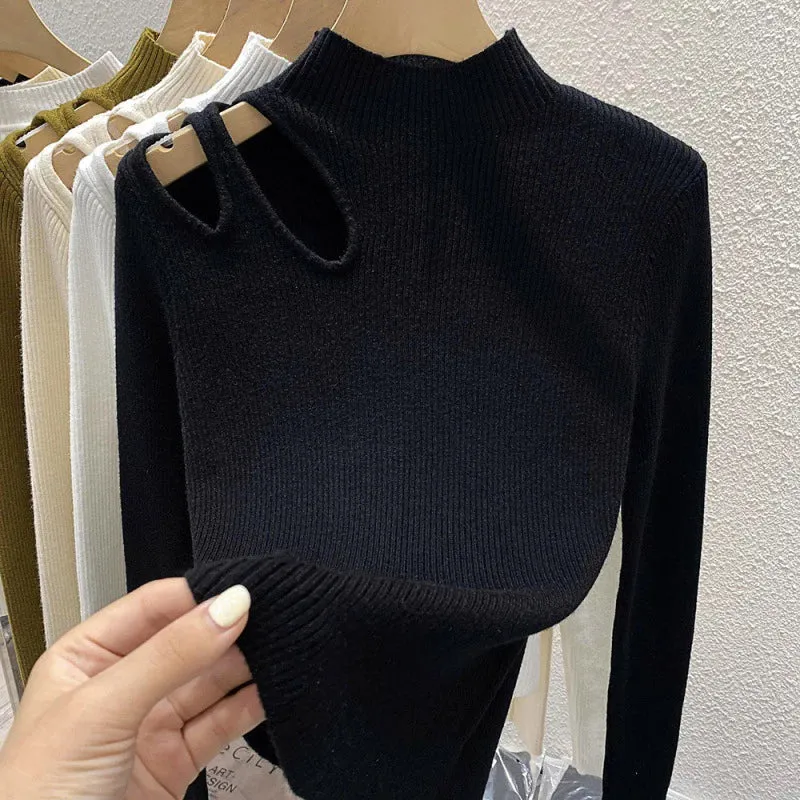 Knitted Women's Turtleneck Sweater – Autumn/Winter Casual Pullover, Sexy Hollow Out Design, Warm Long Sleeve Top