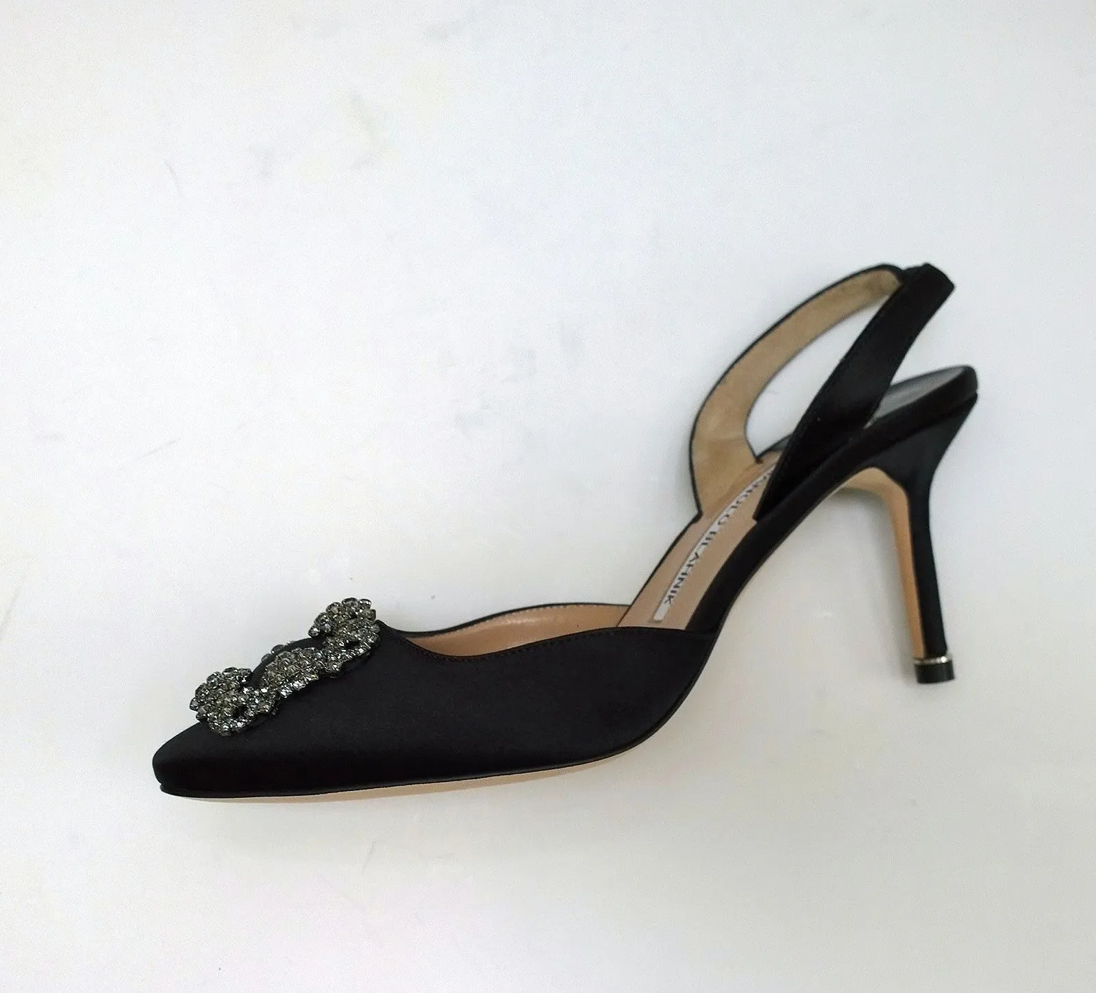 Manolo Blahnik Hangisi 70 Black Satin Rhinestone Buckle Slingback Heels