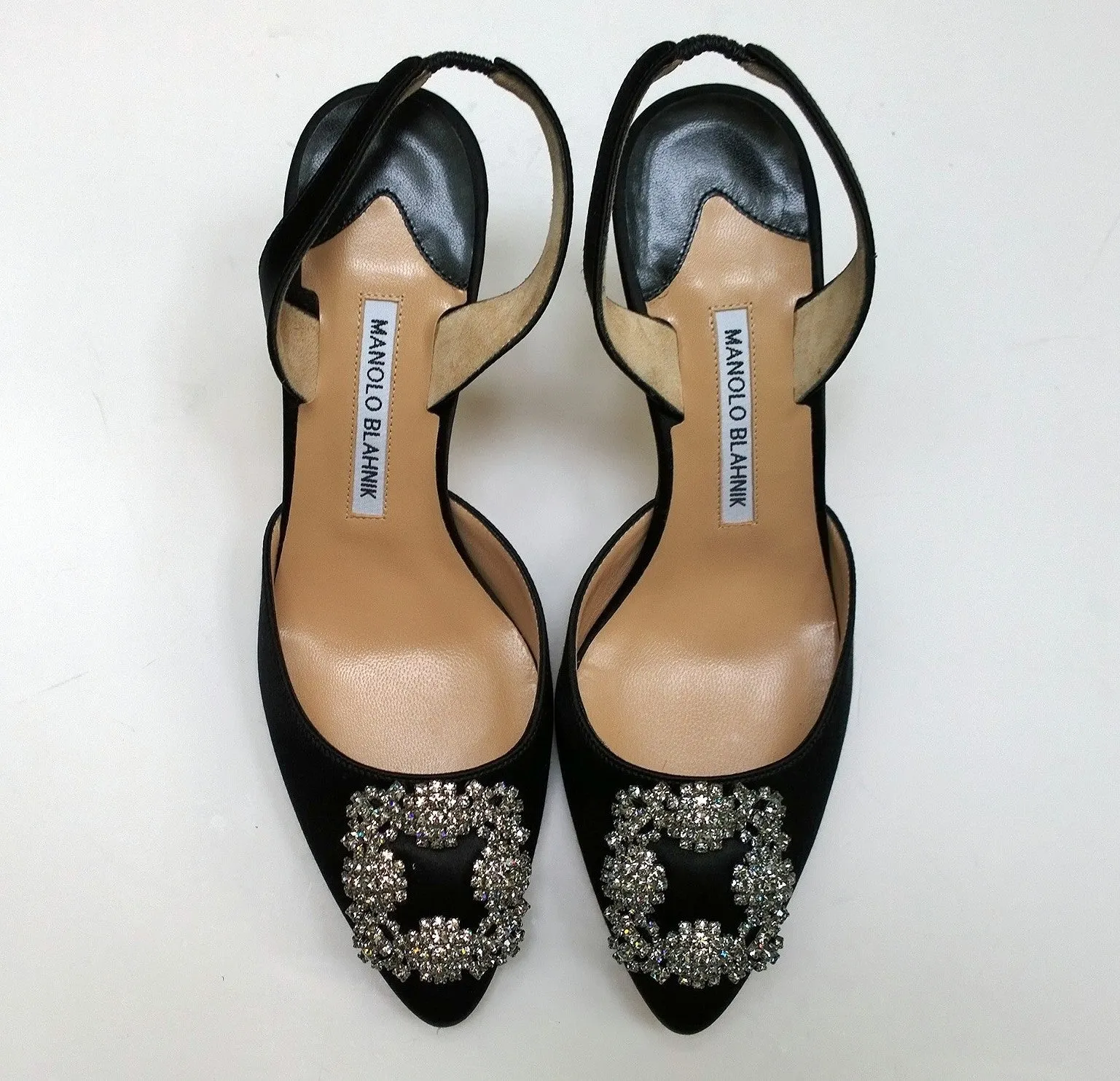 Manolo Blahnik Hangisi 70 Black Satin Rhinestone Buckle Slingback Heels