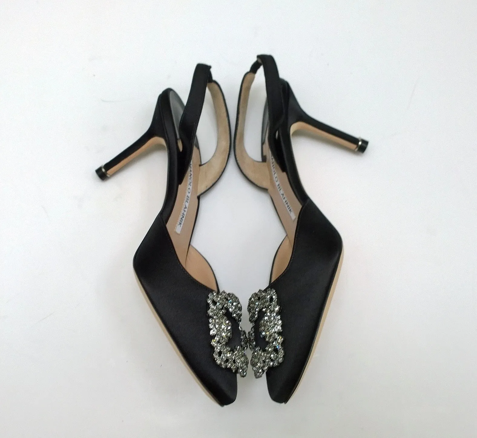 Manolo Blahnik Hangisi 70 Black Satin Rhinestone Buckle Slingback Heels