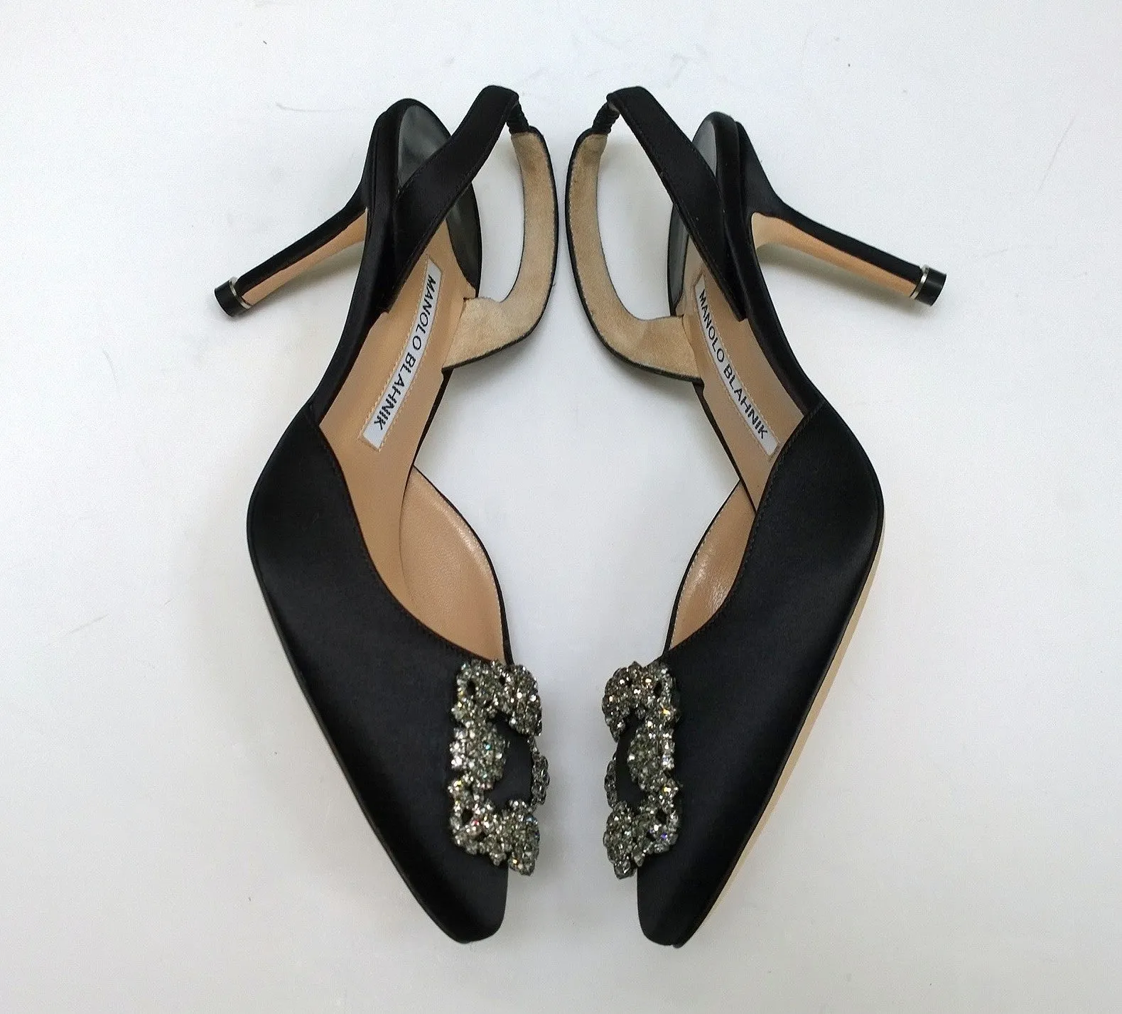 Manolo Blahnik Hangisi 70 Black Satin Rhinestone Buckle Slingback Heels