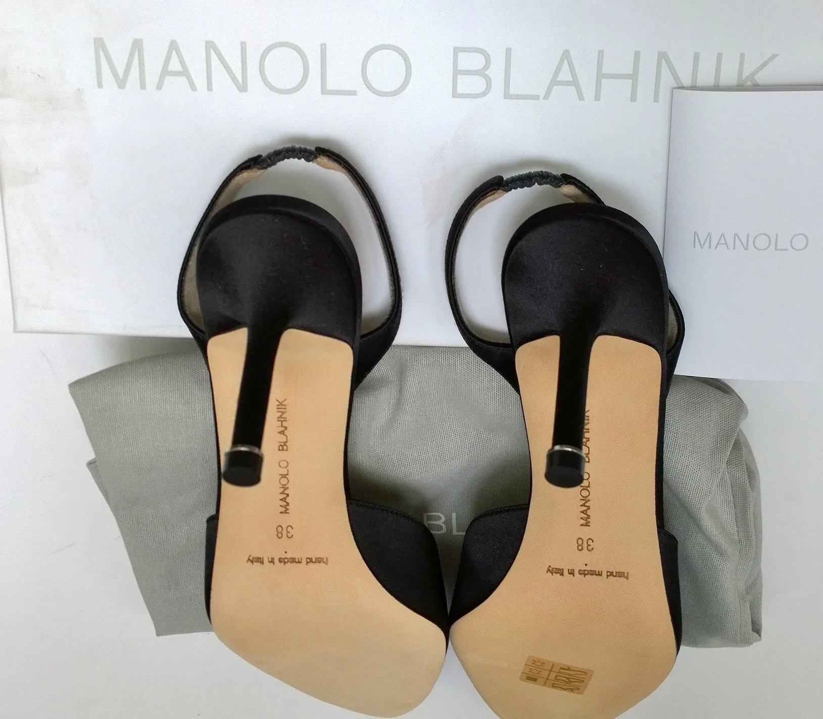 Manolo Blahnik Hangisi 70 Black Satin Rhinestone Buckle Slingback Heels