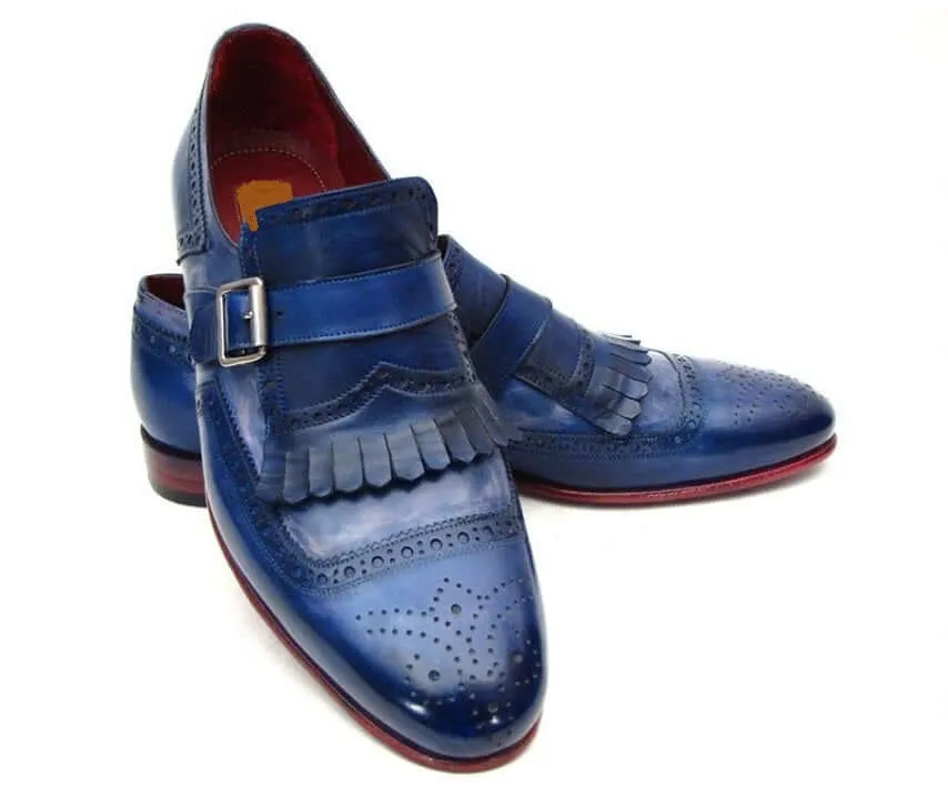 Men's Handmade Blue Single Monk Strap Leather Fringed Shoes, Men Dress Shoes