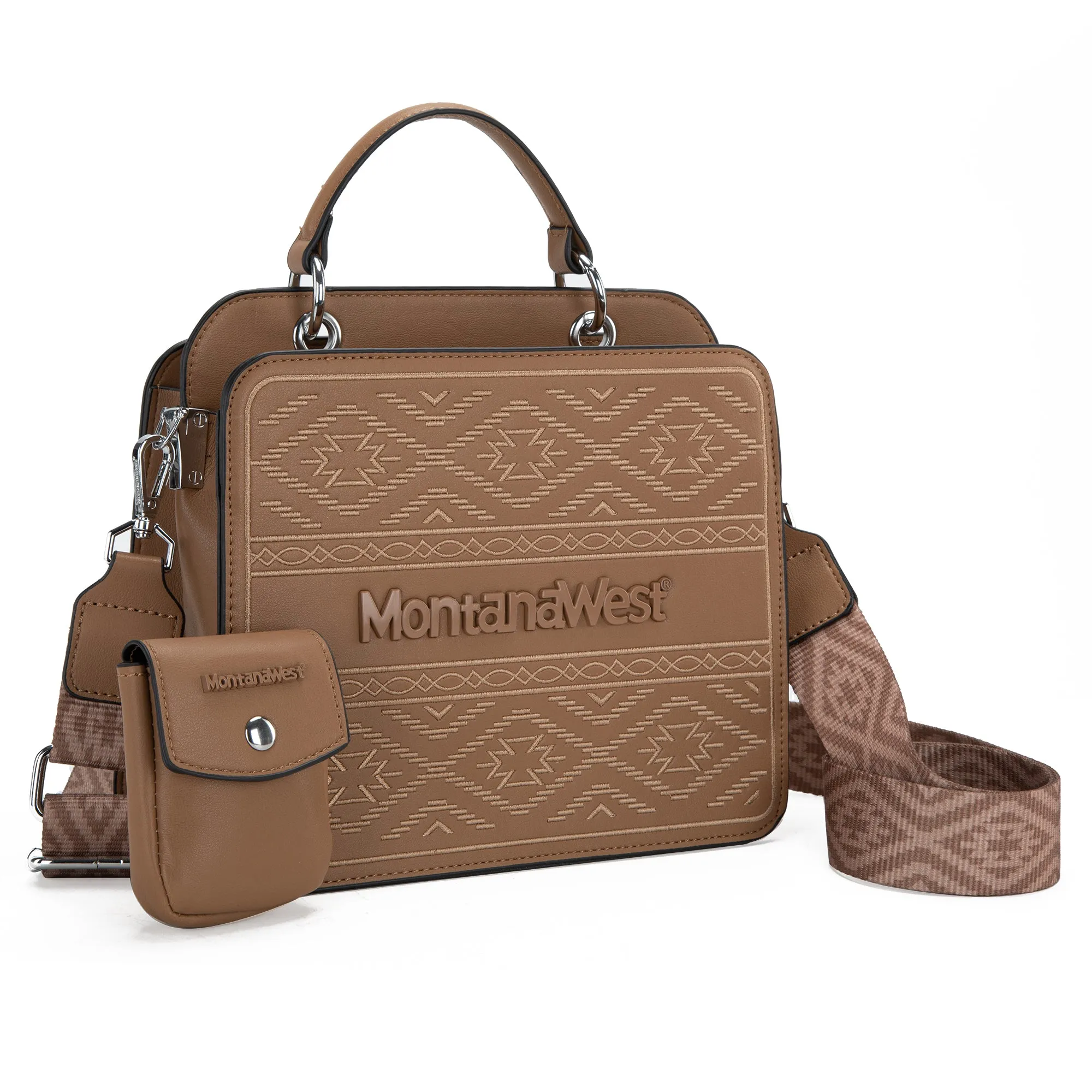 MWF1052-8120   Montana West Embroidered Aztec Tote/Crossbody With Mini Pouch - Khaki