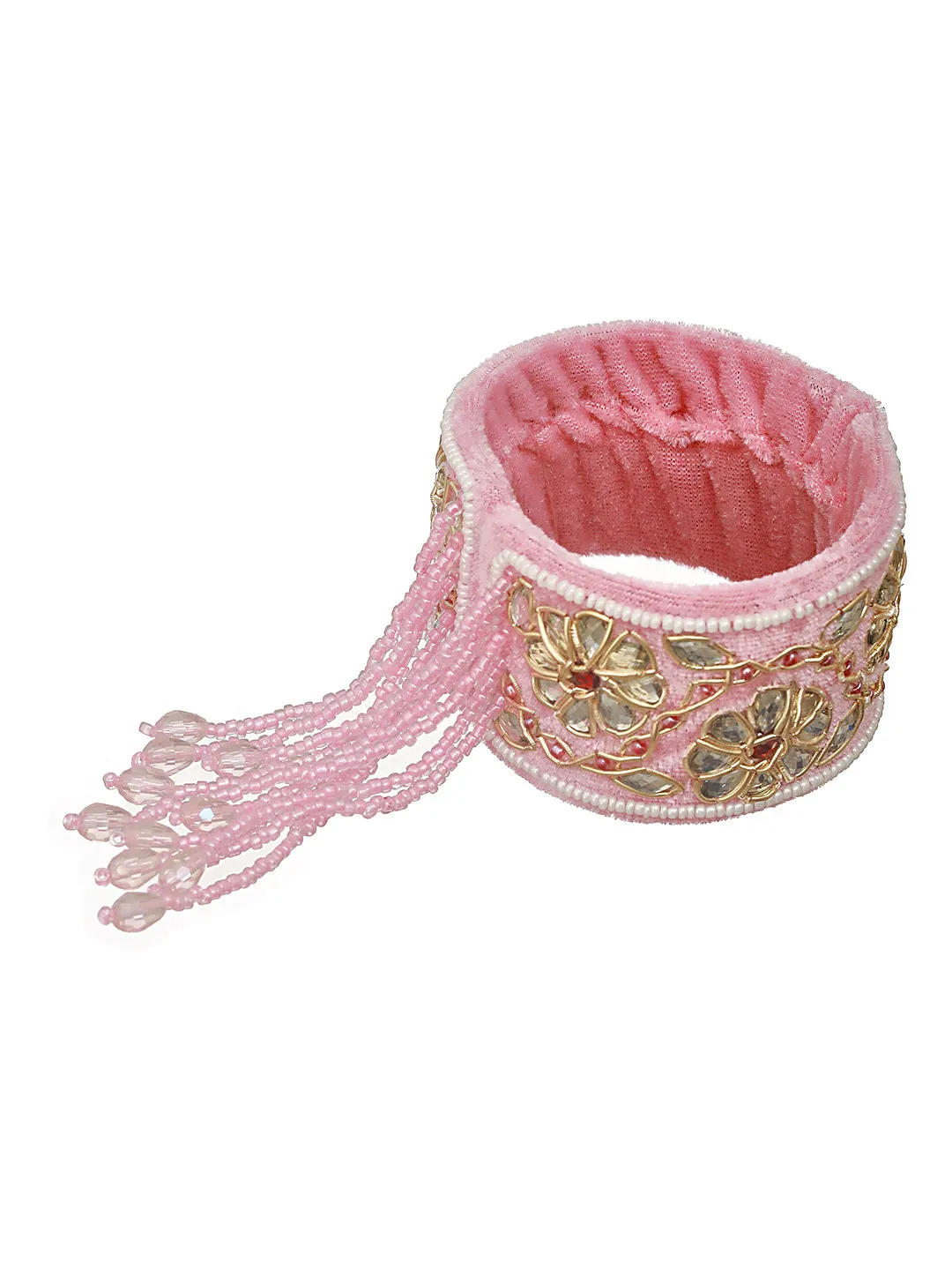 Pink & Gold Toned Beads Handwork Bangle Style Tassels Bhabhi Rakhi With Roli Chawal