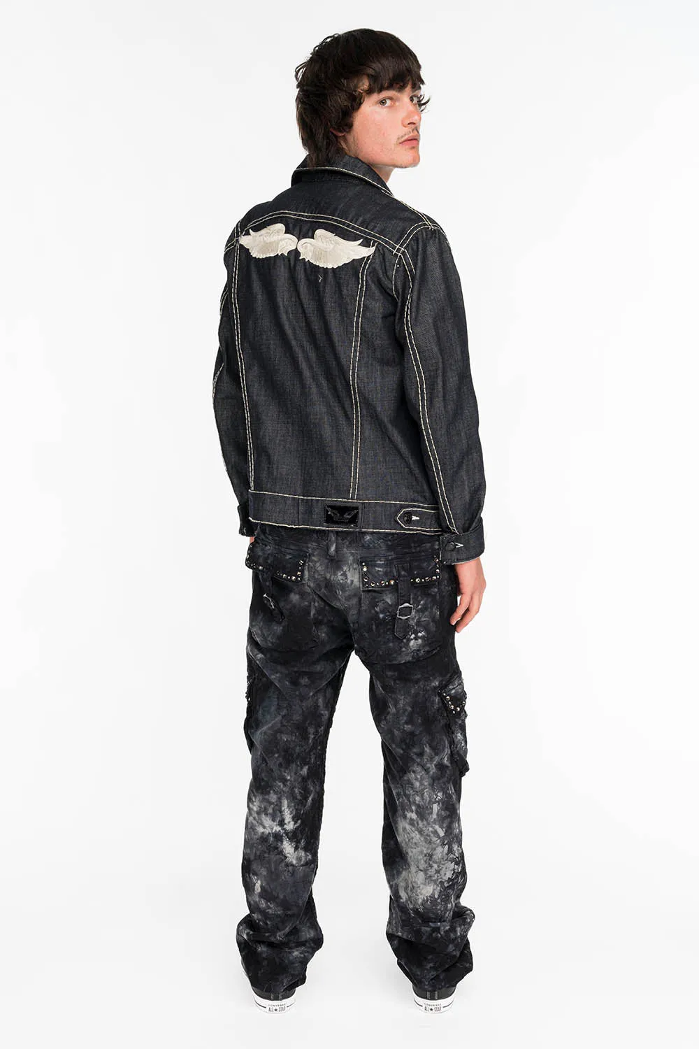 ROBINS NEW MILITARY STYLE CARGO PANTS IN ASTRO BLACK WASH WITH STUDS AND CRYSTALS