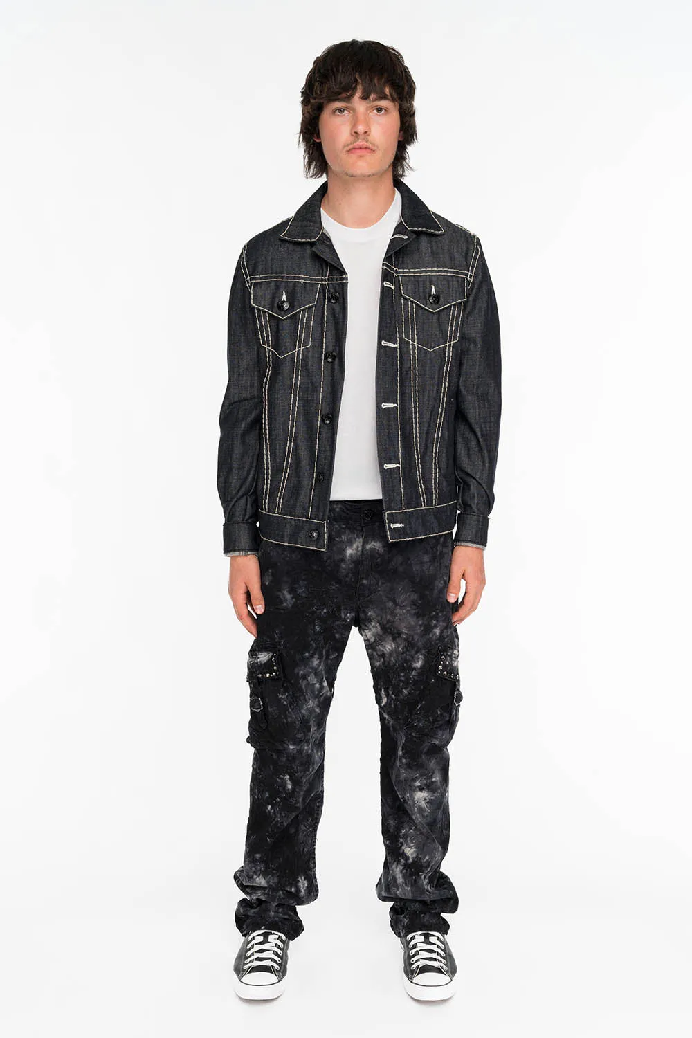 ROBINS NEW MILITARY STYLE CARGO PANTS IN ASTRO BLACK WASH WITH STUDS AND CRYSTALS