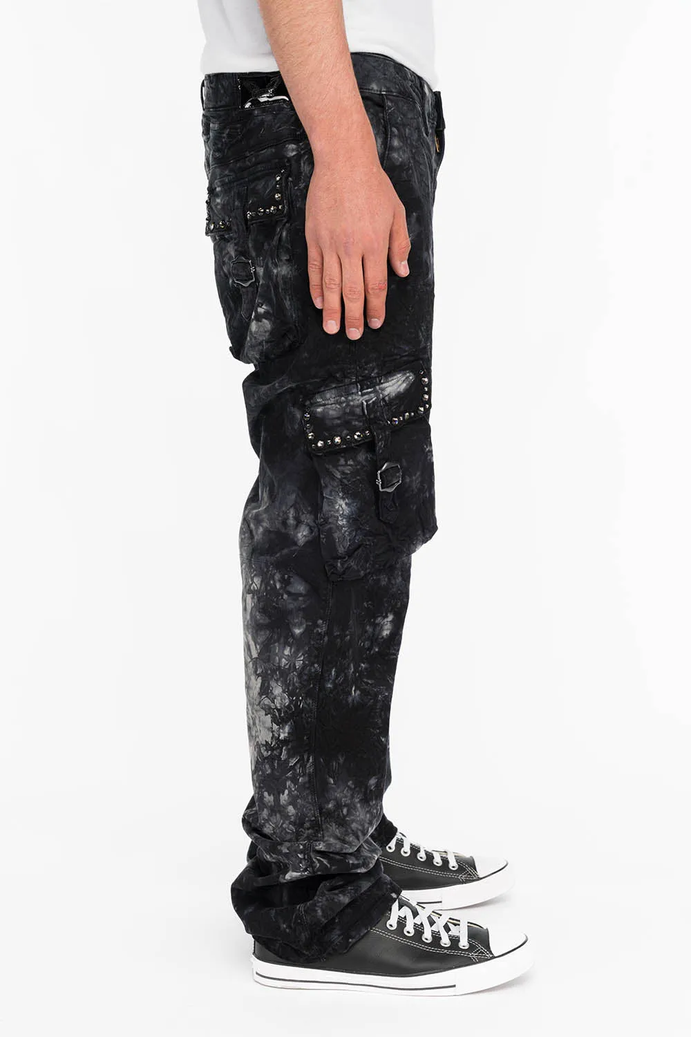 ROBINS NEW MILITARY STYLE CARGO PANTS IN ASTRO BLACK WASH WITH STUDS AND CRYSTALS