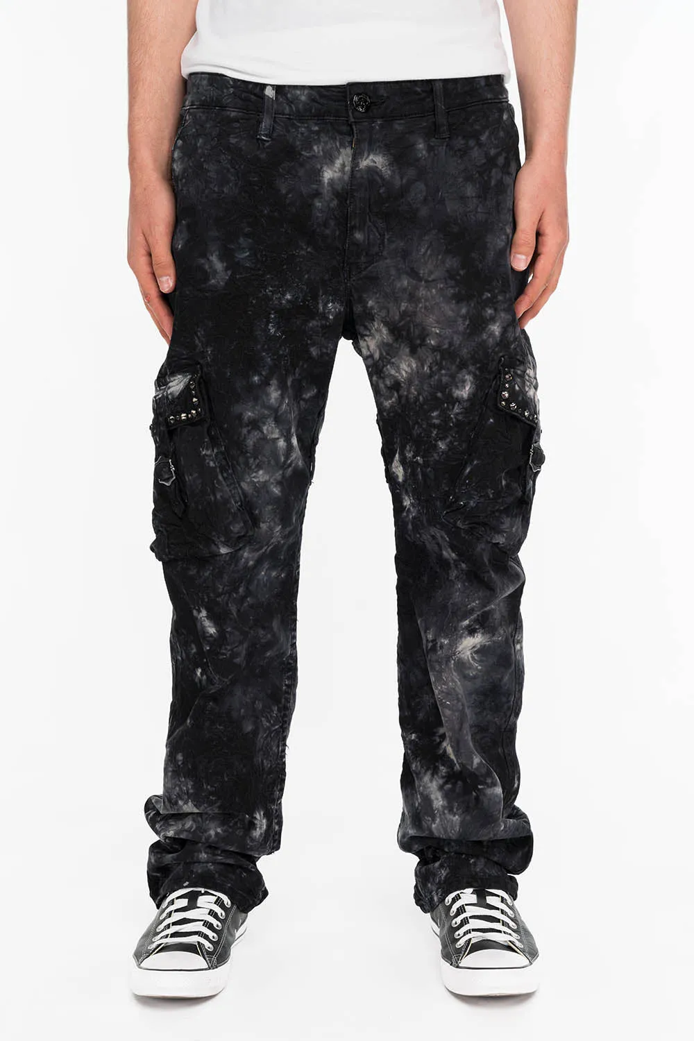 ROBINS NEW MILITARY STYLE CARGO PANTS IN ASTRO BLACK WASH WITH STUDS AND CRYSTALS