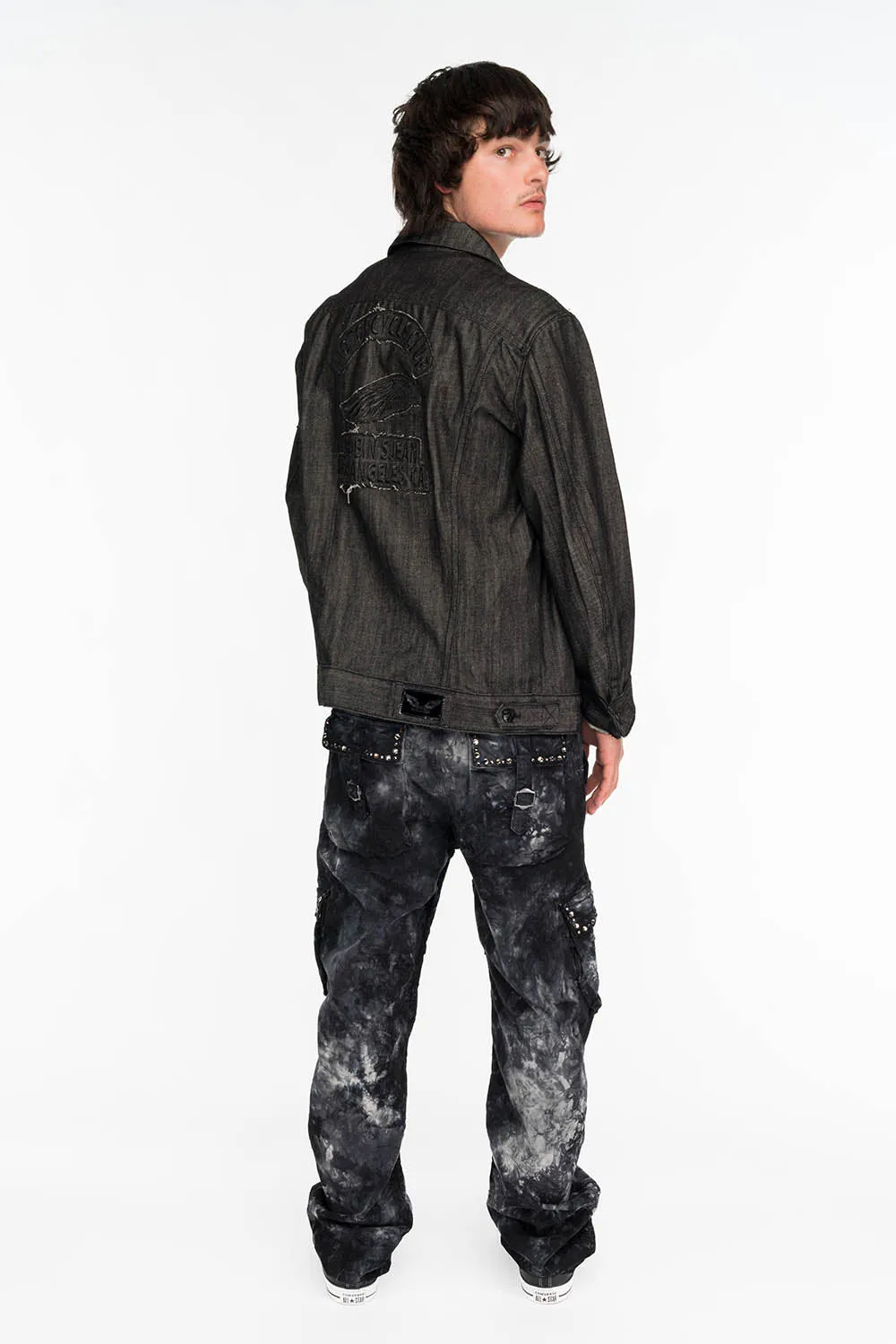 ROBINS NEW MILITARY STYLE CARGO PANTS IN ASTRO BLACK WASH WITH STUDS AND CRYSTALS