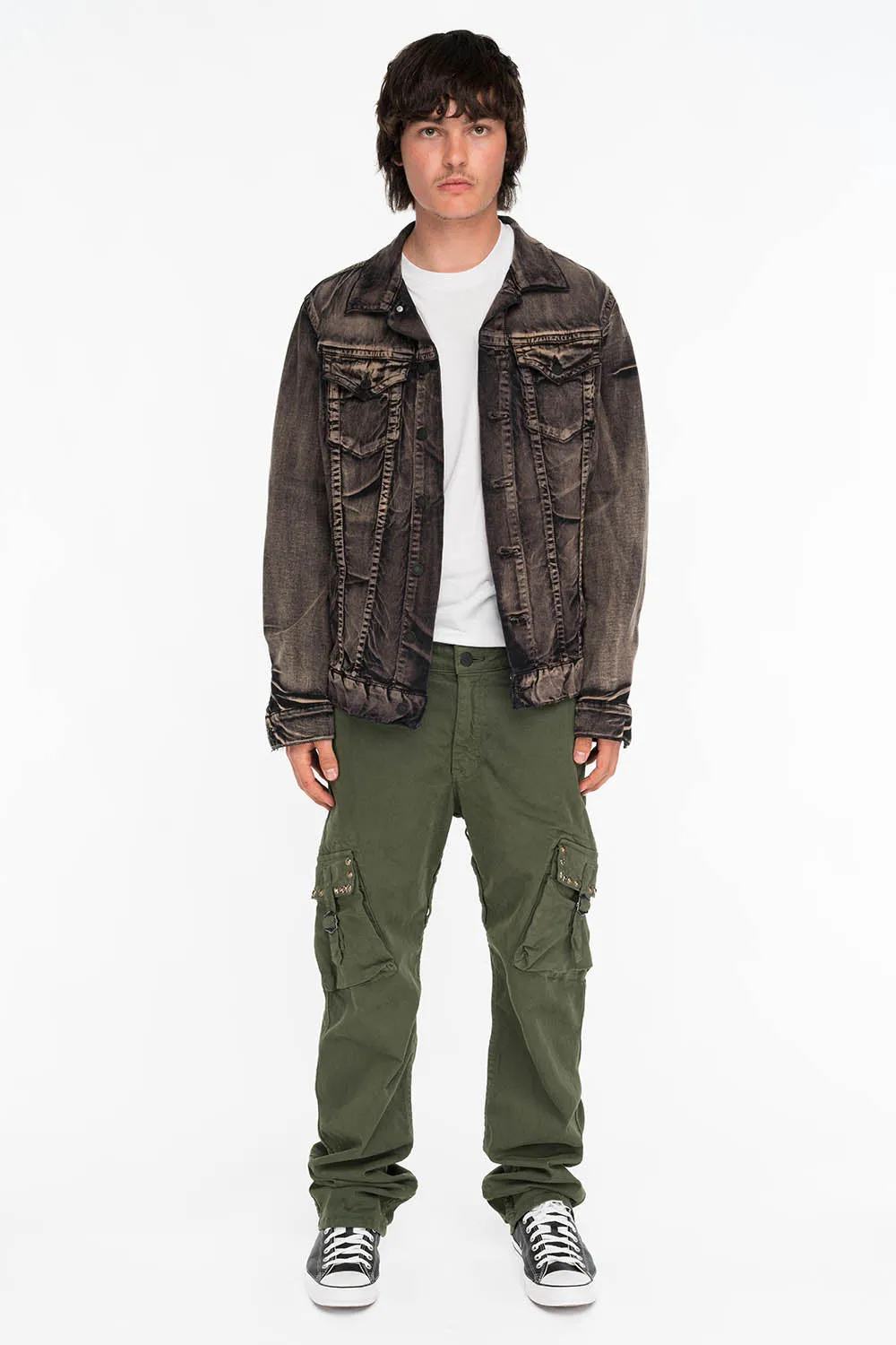 ROBINS NEW MILITARY STYLE CARGO PANTS IN GREEN ARMY WITH STUDS AND CRYSTALS