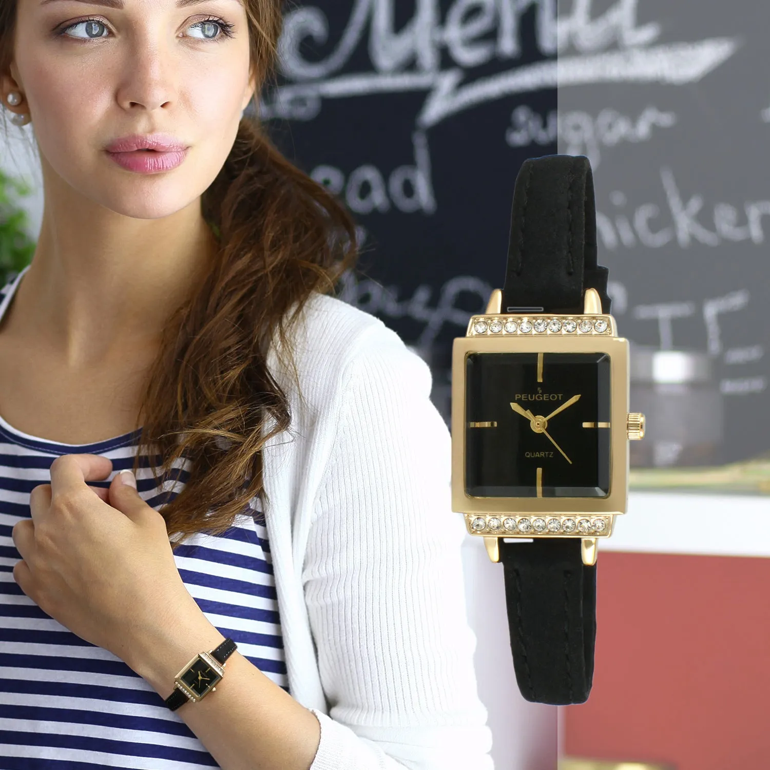 Women's 22mm Gold Crystal Watch With Black Dial &  Tan Strap