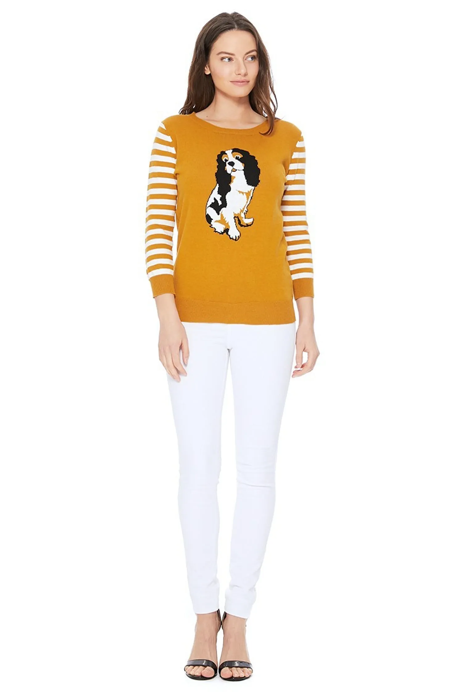 YEMAK Women's King Charles Spaniel Crewneck Jacquard Casual Pullover Sweater MK3199